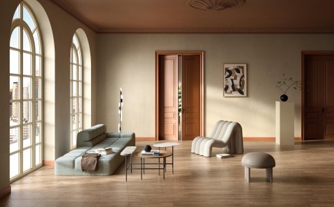 Elle Decor draws inspiration from Alda Merini and celebrates the wood effect Del_Conca_Native_Castagno_Living_02 - Ceramica del Conca