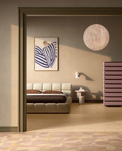 Del Conca a Coverings 2025 con l’ultima collezione Sensoria Del_Conca_Native_Rovere_Naturale_Feeling_Earth_Bedroom_01 - Ceramica del Conca