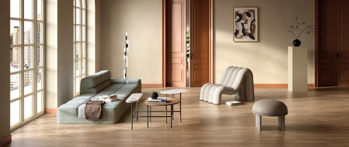 La nouvelle collection Native réinterprète la véritable essence du bois _Del_Conca_Native_Castagno_Living_02 - Ceramica del Conca