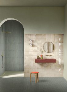 Manufatti, de petits carreaux brillants et mats inspirés des faïences faites à la main Faetano_Manufatti_Tè_Brick_Perla_Sagome_Bagno_01 - Ceramica del Conca