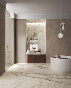 Effetto marmo, onice, cemento, legno. Del%20Conca_Ambienti%20Cersaie%202019_02%20Bagno_Definitivo - Ceramica del Conca