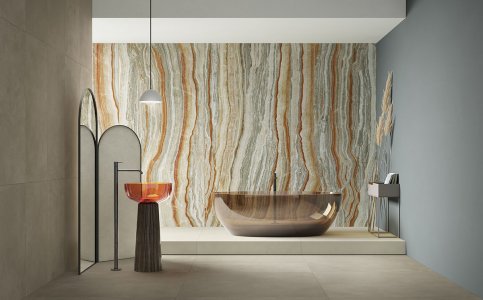 Effetto marmo, onice, cemento, legno. Del%20Conca_Ambienti%20Cersaie%202019_08%20Bagno_Definitivo - Ceramica del Conca