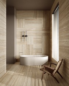 Travertino Moka Vein Cut: linee parallele e ordinate come in natura Del_Conca_Stone_Edition_Travertino_Moka_Vein-Cut_Bagno_04 - Ceramica del Conca