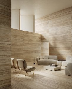 Travertino Moka Vein Cut: linee parallele e ordinate come in natura Del_Conca_Stone_Edition_Travertino_Moka_Vein-Cut_Hall_01 - Ceramica del Conca