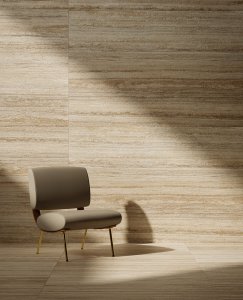 Porcelain Stoneware Small sizes del_conca_stone_edition_travertino_moka_vein-cut_living_01 - Ceramica del Conca