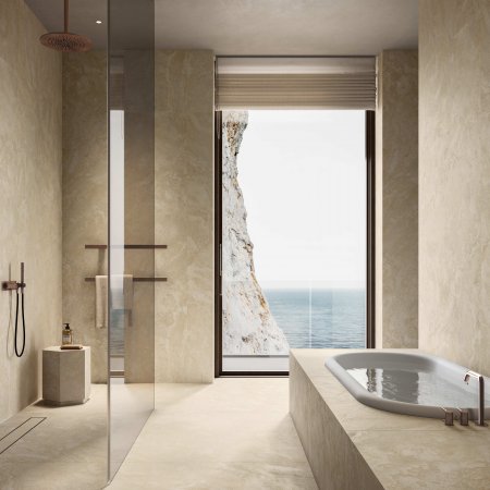 Del Conca e Faetano a Coverings 2026: Innovazione e Design con le Nuove Collezioni Del_Conca_Stone_Edition_Alabastrino_Pure_Cross-Cut_Bagno_03 - Ceramica del Conca