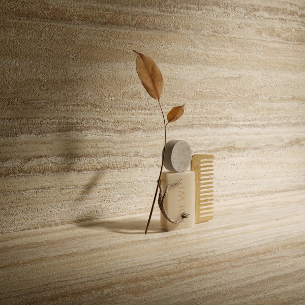 Travertino Moka Vein Cut : L'Excellence du Gr&egrave;s C&eacute;rame Tridimensionnel pour l'Architecture Contemporaine Del_Conca_Stone_Edition_Travertino_Moka_Vein-Cut_Still_Life_02 - Ceramica del Conca